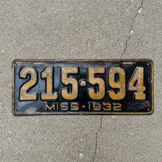Photo of a 1932 Mississippi License Plate Auto Tag Garage Decor Vintage 215 594 with original patina