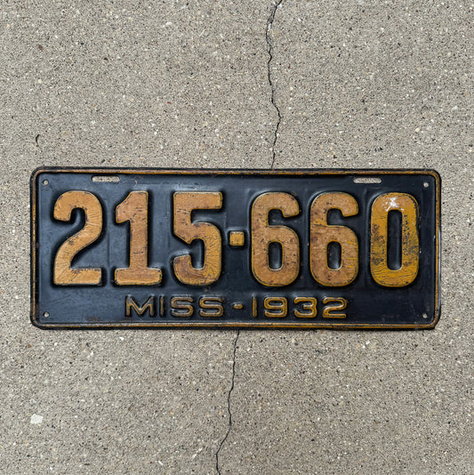 Photo of a 1932 Mississippi License Plate Auto Tag Garage Decor Vintage 215 660 with original patina
