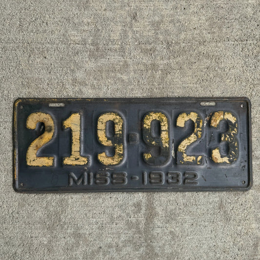 Photo of a 1932 Mississippi License Plate Auto Tag Garage Decor Vintage 219923 with original patina