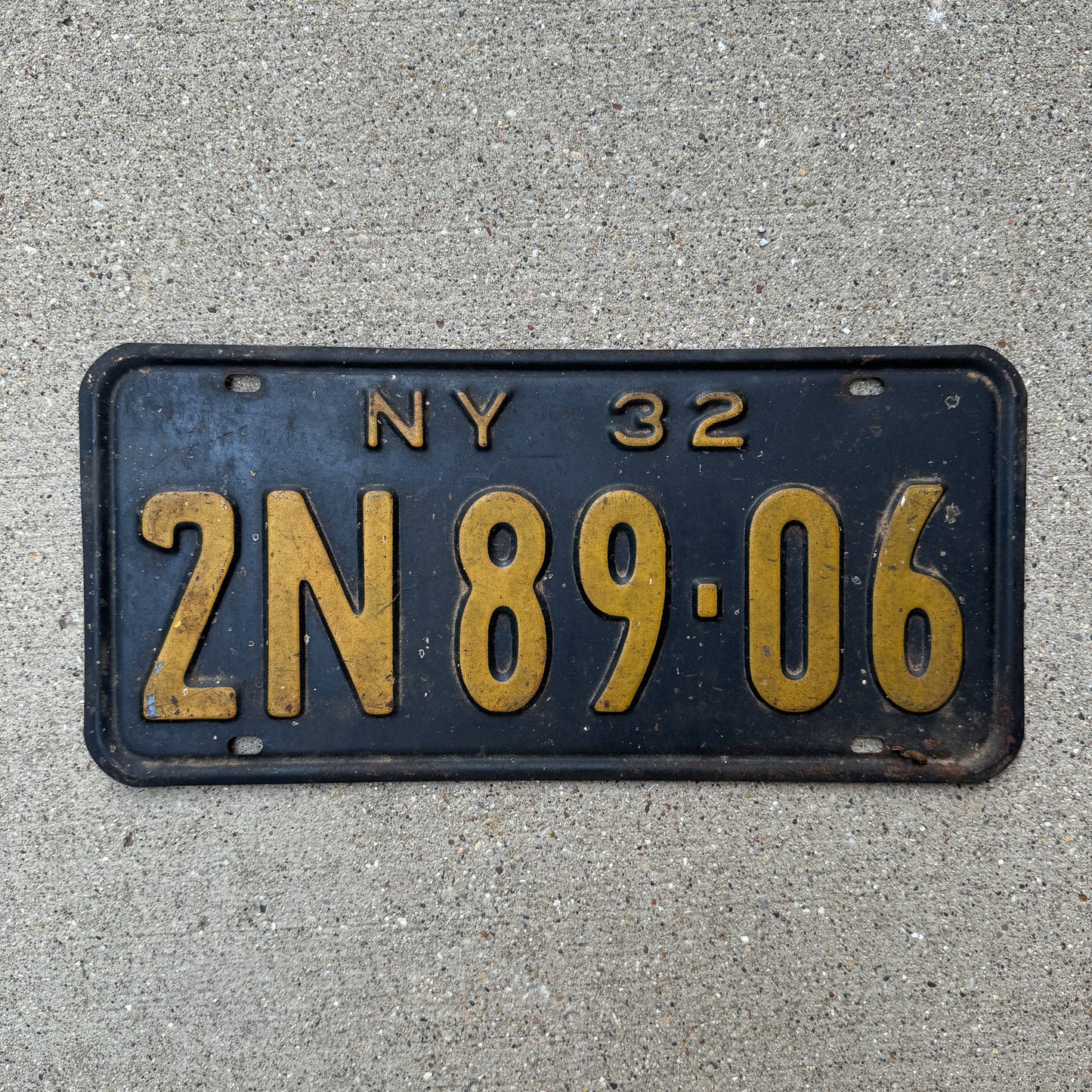 Photo of a 1932 New York License Plate Auto Tag Garage Decor Vintage 2N 89 06 with original patina