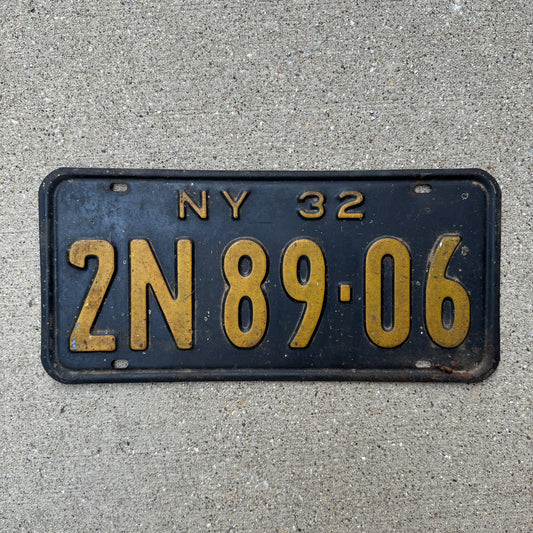 Photo of a 1932 New York License Plate Auto Tag Garage Decor Vintage 2N 89 06 with original patina