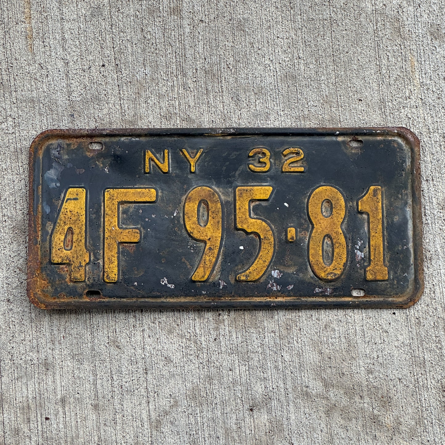Photo of a 1932 New York License Plate Auto Tag Garage Decor Vintage 4F 95 81 with original patina