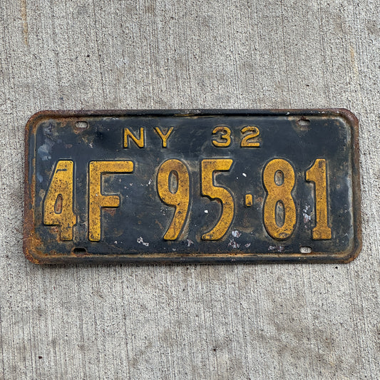 Photo of a 1932 New York License Plate Auto Tag Garage Decor Vintage 4F 95 81 with original patina