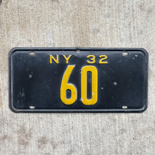 Photo of a 1932 New York Reserved License Plate Auto Tag Garage Decor Vintage ALPCA Archive Example Low Number Two Digit 60 with original patina