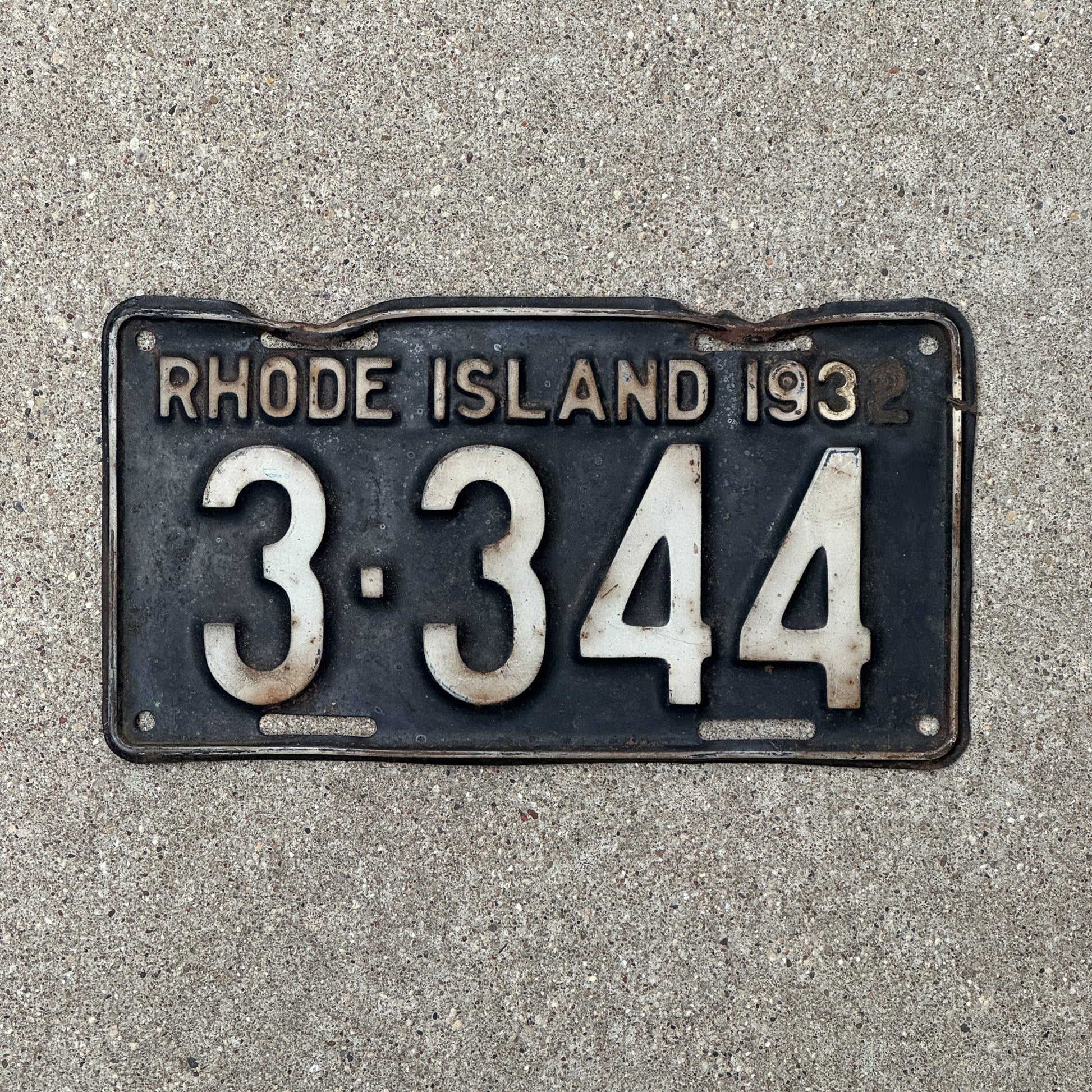 Photo of a 1932 Rhode Island License Plate Auto Tag Garage Decor Vintage Low Number Four Digit 3344 with original patina