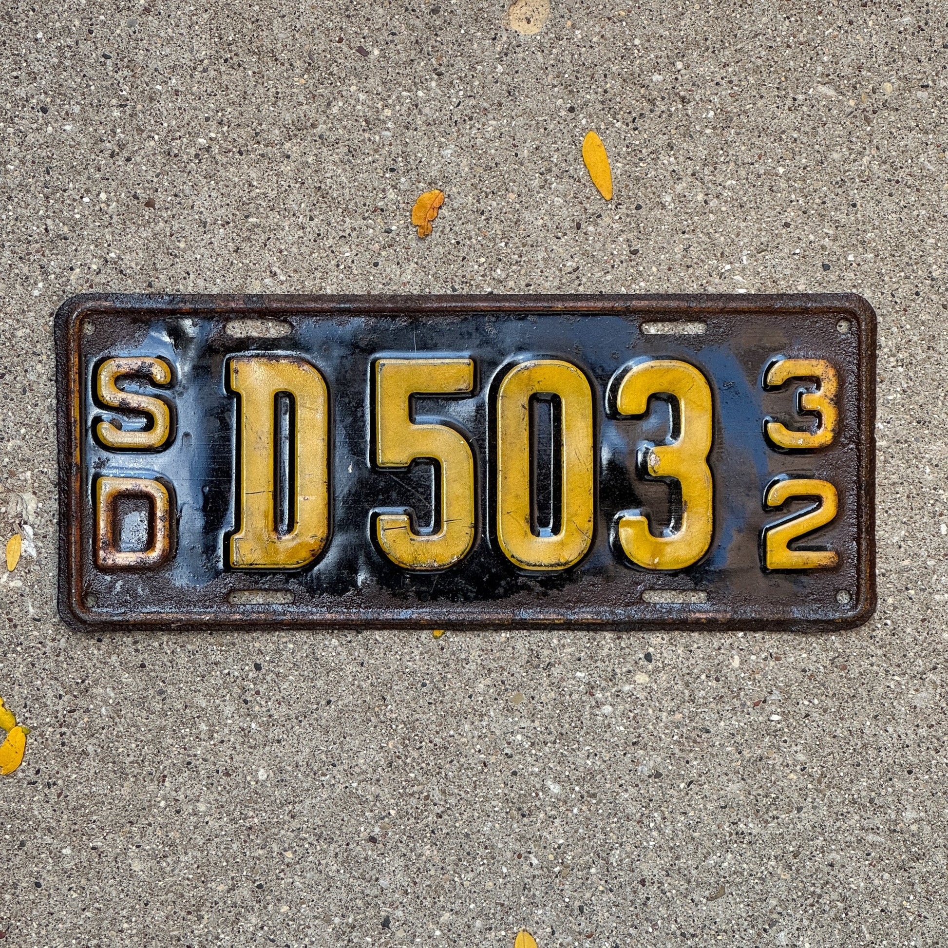 Photo of a 1932 South Dakota Dealer License Plate Auto Tag Garage Decor Vintage D 503 with original patina