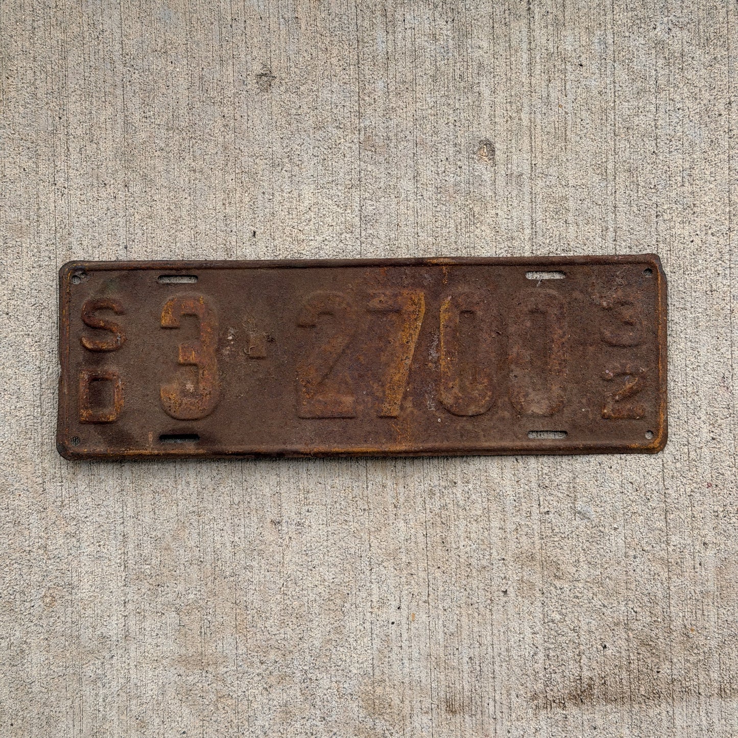 Photo of a 1932 South Dakota License Plate Auto Tag Garage Decor Vintage 3 2700 with original patina