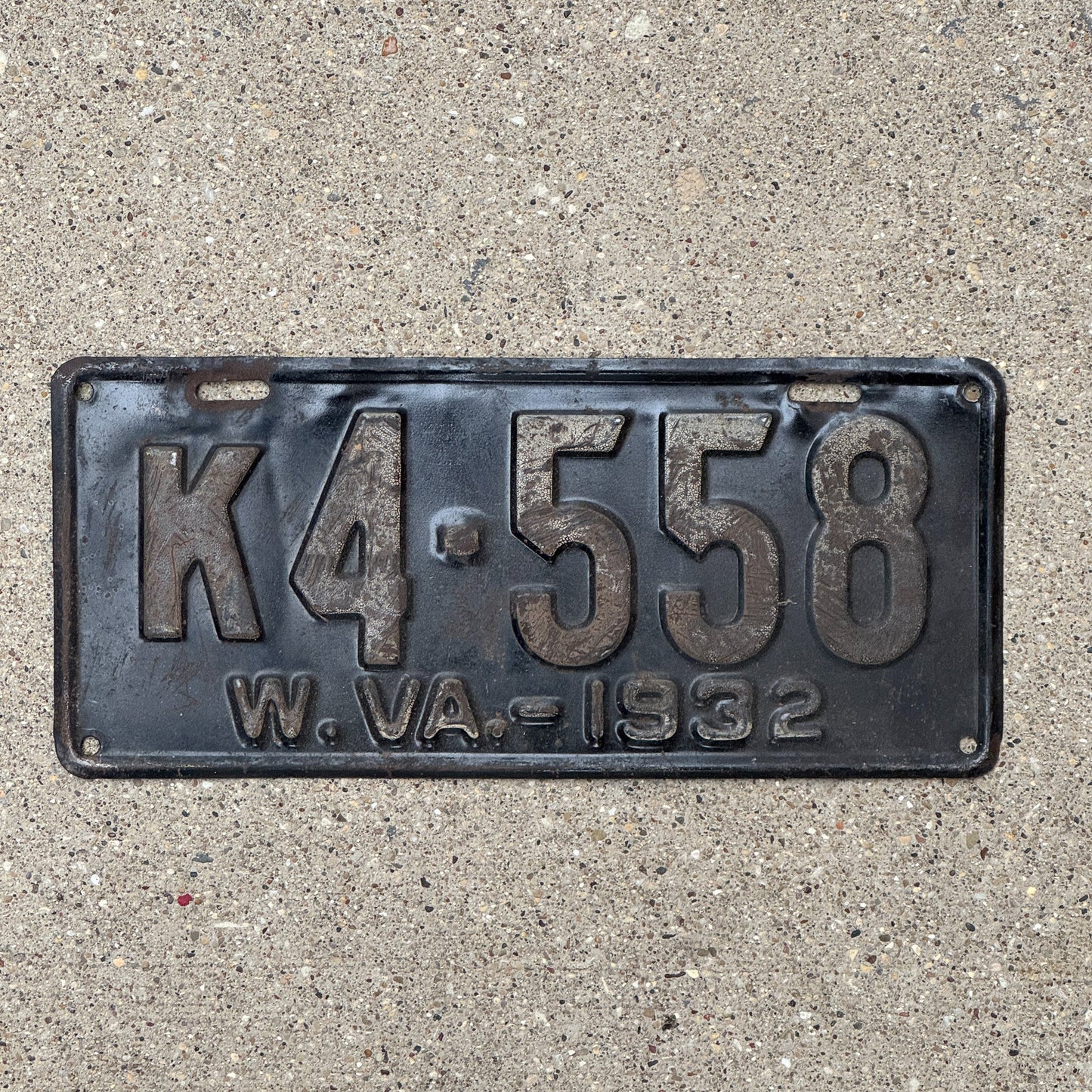 Photo of a 1932 West Virginia Truck For Hire License Plate Auto Tag Garage Decor Vintage K4 558 with original patina