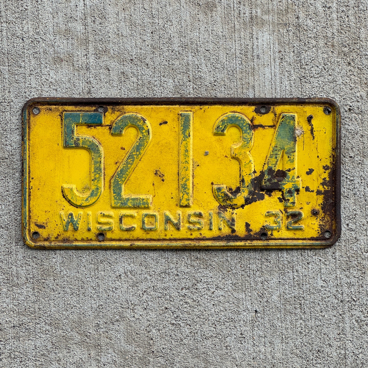 Photo of a 1932 Wisconsin License Plate Auto Tag Garage Decor Vintage 52 134 with original patina