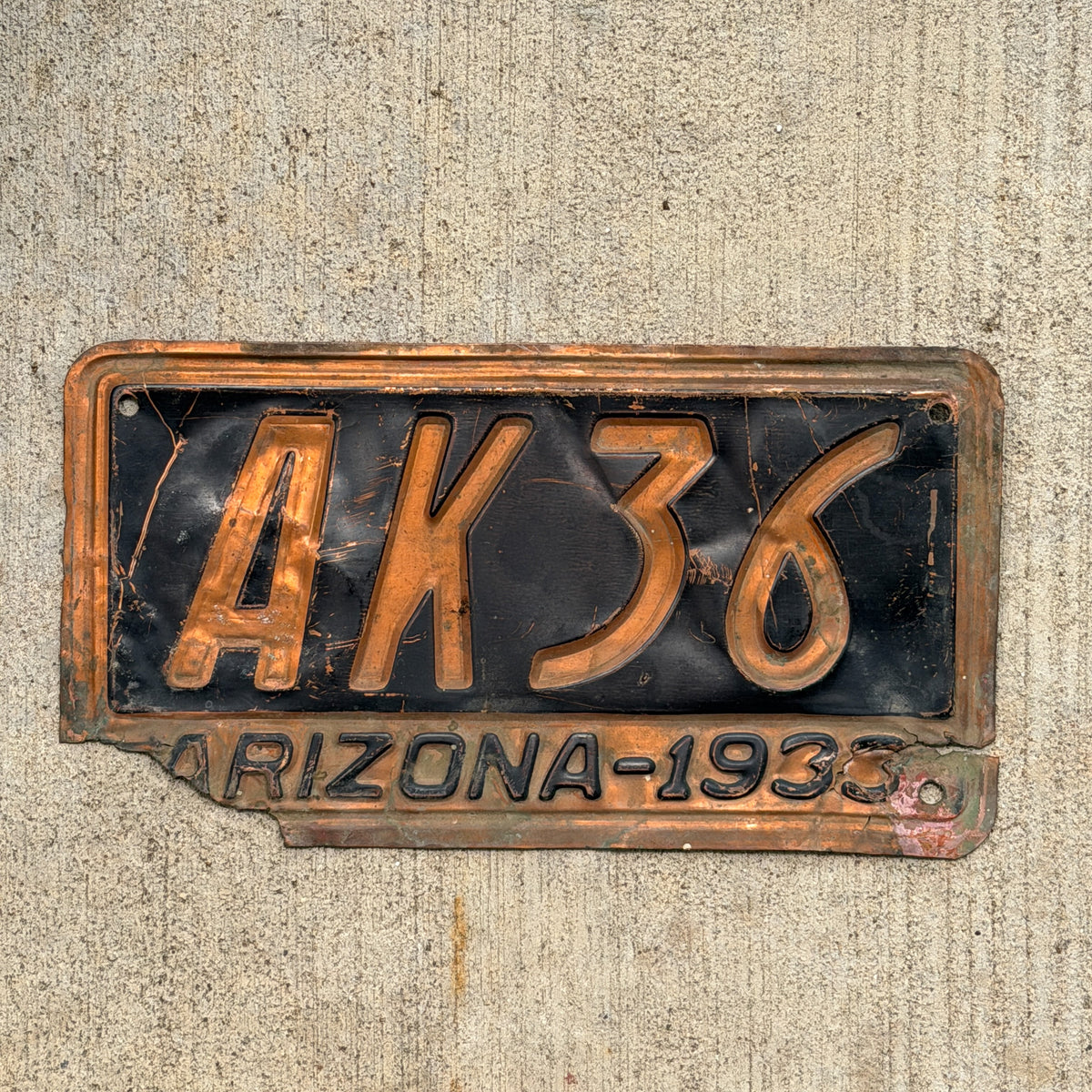 Photo of a 1933 Arizona License Plate Auto Tag Garage Decor Vintage Copper AK 36 with original patina