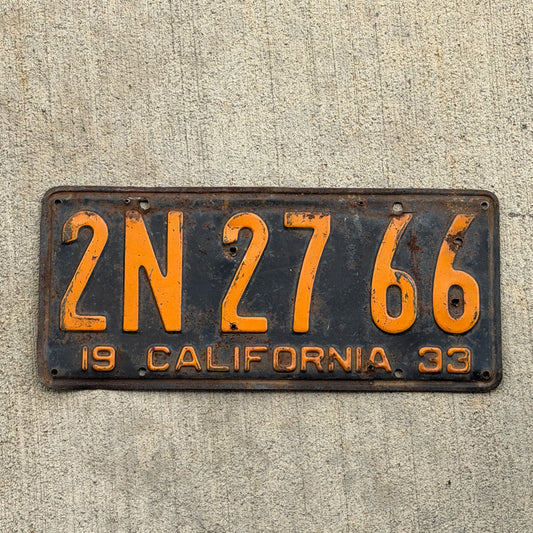 Photo of a 1933 California License Plate Auto Tag Garage Decor Vintage 2N 27 66 with original patina
