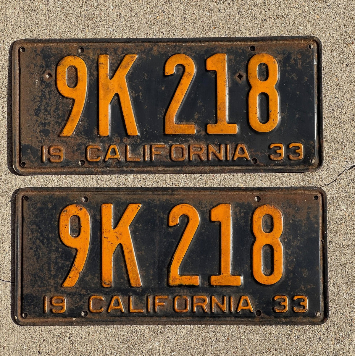 1933 California License Plate Pair Vintage Auto Tag DMV Clear Number 9K 218