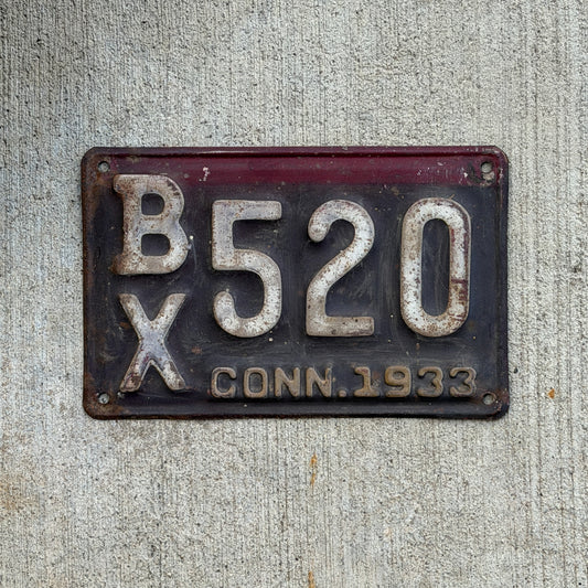 Photo of a 1933 Connecticut License Plate Auto Tag Garage Decor Vintage BX 520 with original patina