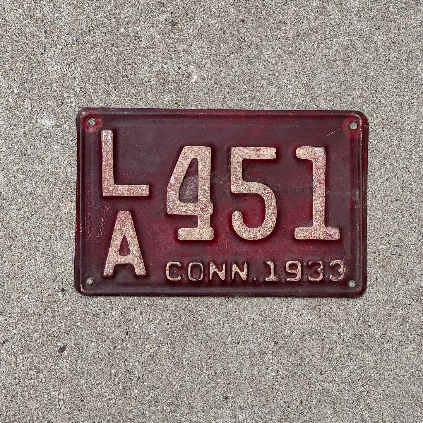 Photo of a 1933 Connecticut License Plate Auto Tag Garage Decor Vintage LA 451 with original patina