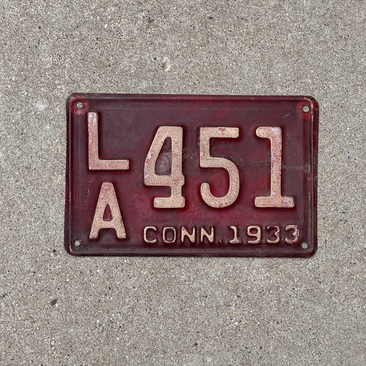 Photo of a 1933 Connecticut License Plate Auto Tag Garage Decor Vintage LA 451 with original patina