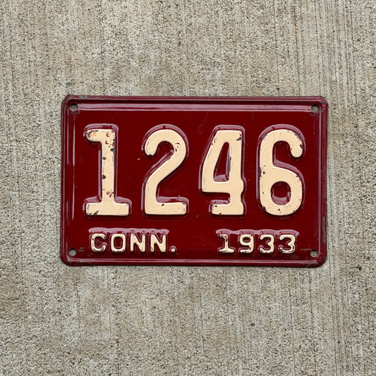 Photo of a 1933 Connecticut License Plate Auto Tag Garage Decor Vintage Low Number Four Digit 1246 with original patina