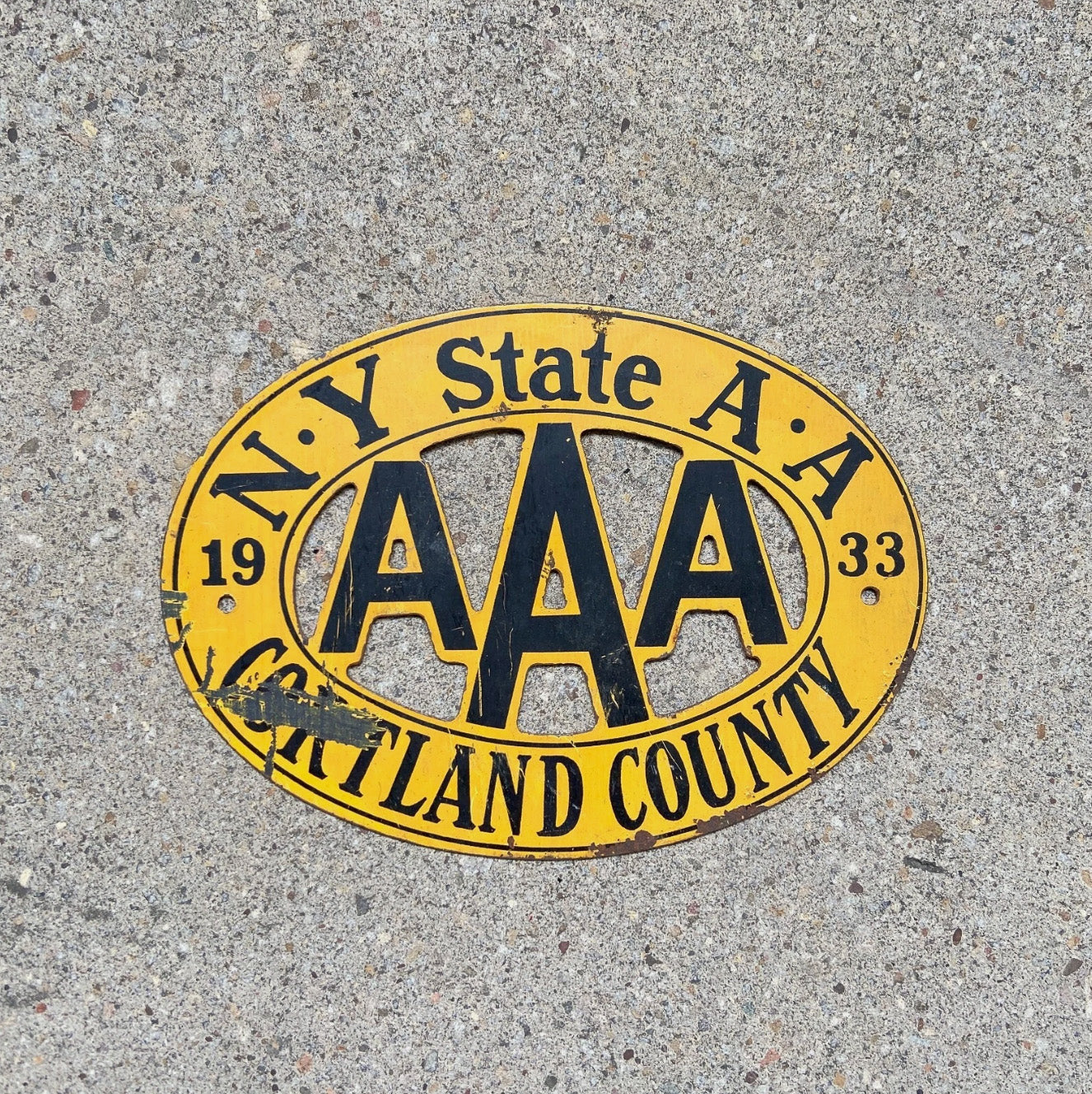 Photo of a 1933 Cortland County New York License Plate Topper Auto Tag Garage Decor Vintage Metal Car Badge Motor Club Automobile AAA with original patina