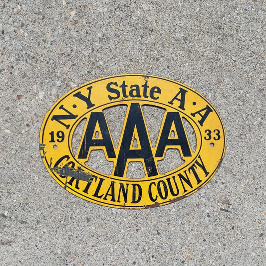 Photo of a 1933 Cortland County New York License Plate Topper Auto Tag Garage Decor Vintage Metal Car Badge Motor Club Automobile AAA with original patina