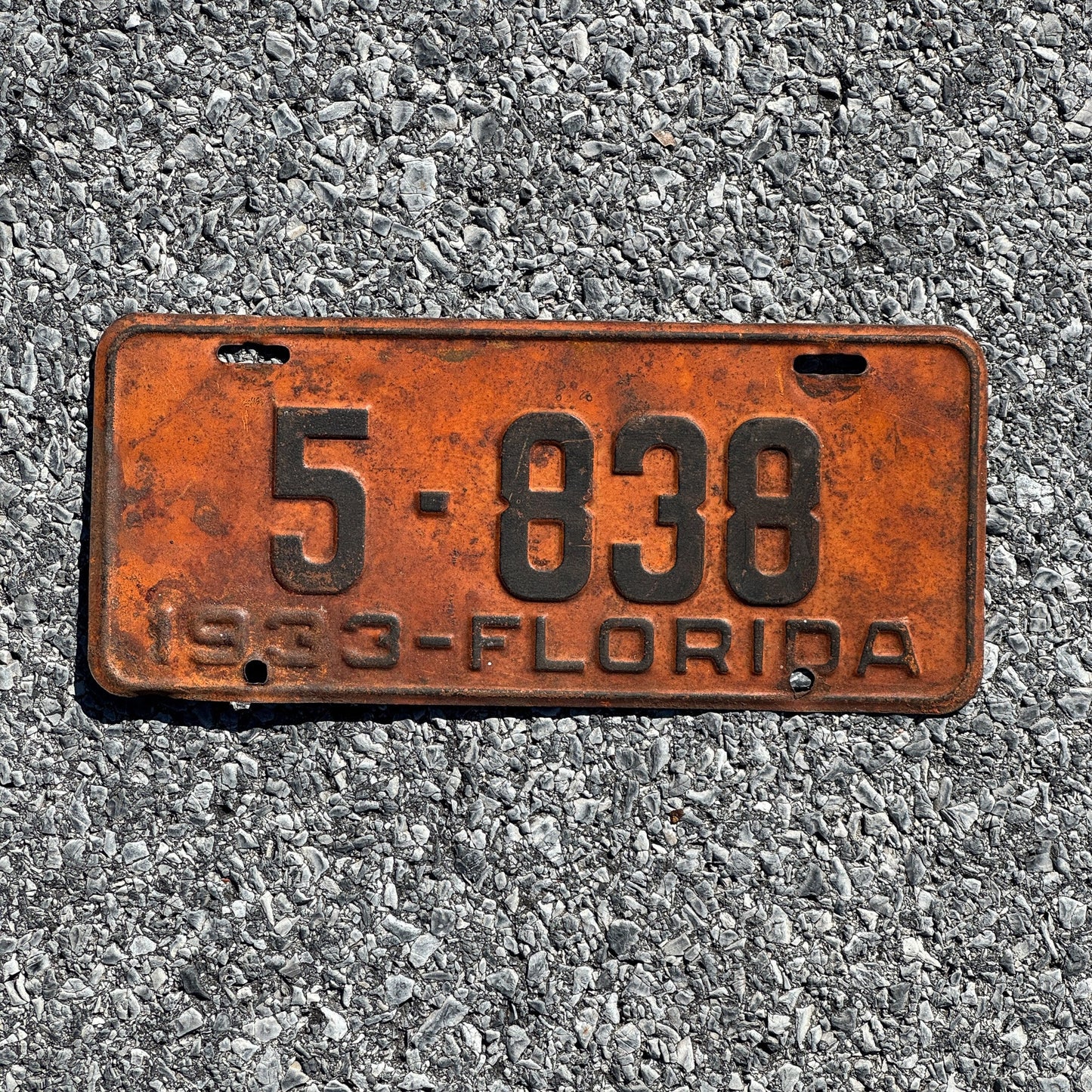 Photo of a 1933 Florida License Plate Auto Tag Garage Decor Vintage Four Digit Low Number 5 838