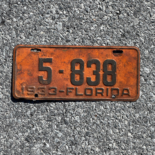 Photo of a 1933 Florida License Plate Auto Tag Garage Decor Vintage Four Digit Low Number 5 838
