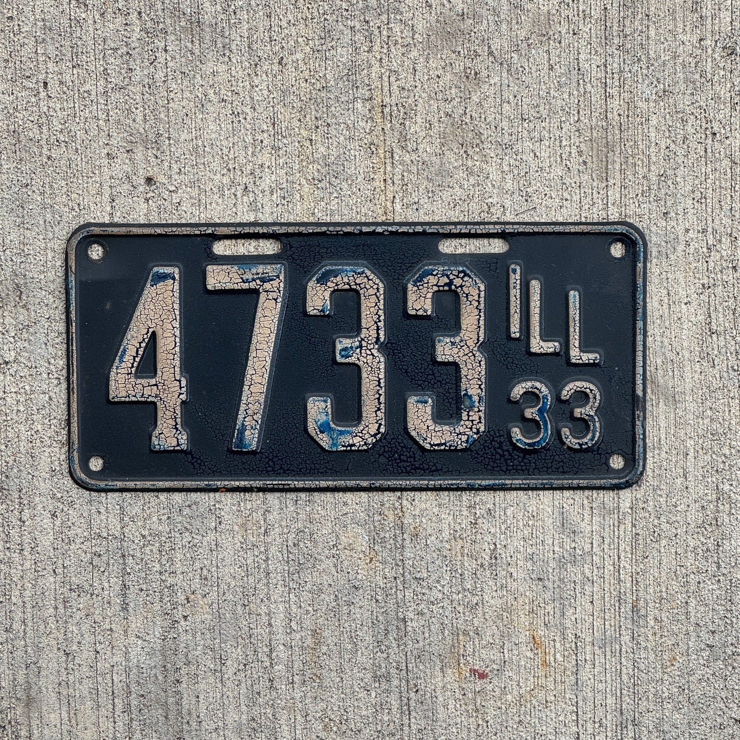 Photo of a 1933 Illinois License Plate Auto Tag Garage Decor Vintage Low Number Four Digit 4733 with original patina