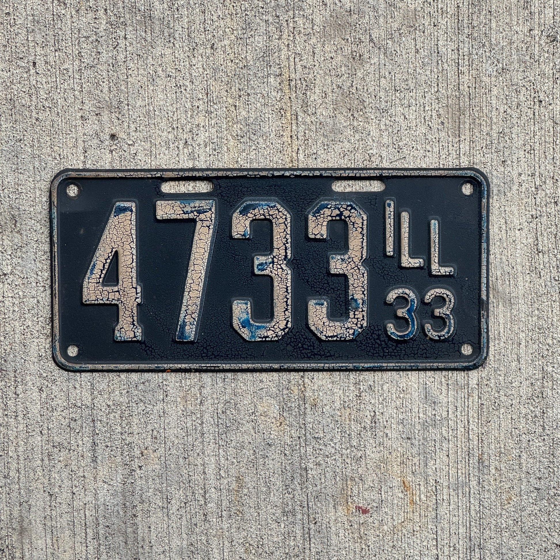 Photo of a 1933 Illinois License Plate Auto Tag Garage Decor Vintage Low Number Four Digit 4733 with original patina