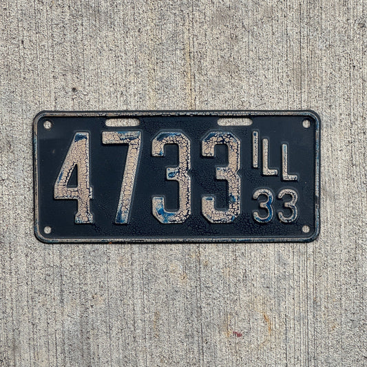 Photo of a 1933 Illinois License Plate Auto Tag Garage Decor Vintage Low Number Four Digit 4733 with original patina