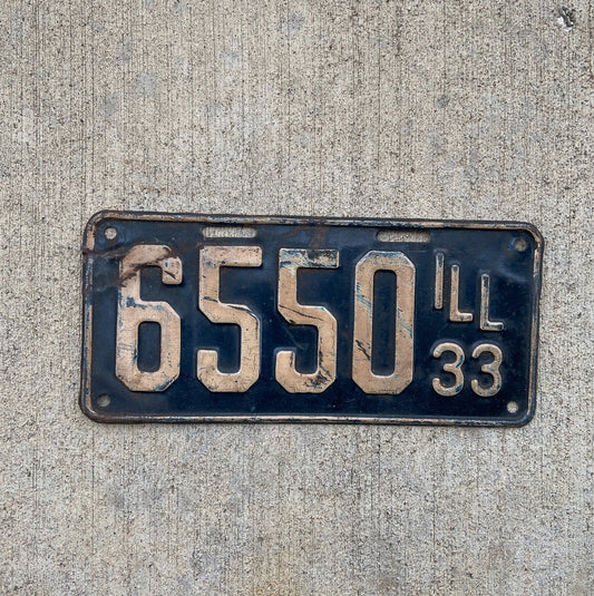 Photo of a 1933 Illinois License Plate Auto Tag Garage Decor Vintage Low Number Four Digit 6550 with original patina