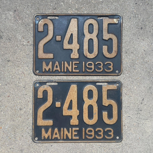 Photo of a 1933 Maine License Plate Pair Auto Tag Garage Decor Vintage Low Number Four Digit 2 485 with original patina