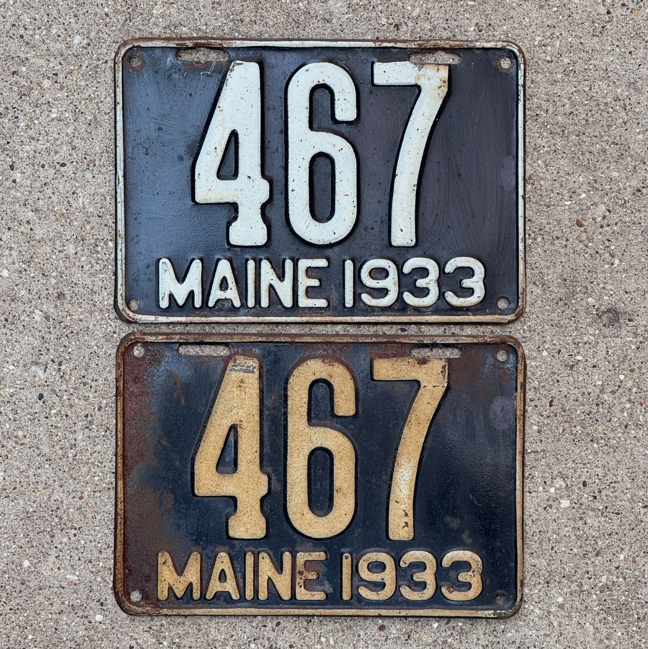 Photo of a 1933 Maine License Plate Pair Auto Tag Garage Decor Vintage Low Number Three Digit 467 with original patina