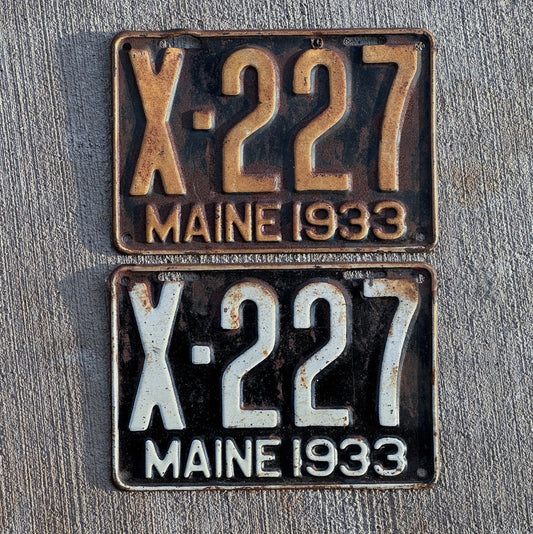 Photo of a 1933 Maine Truck License Plate Pair Auto Tag Garage Decor Vintage Low Number Three Digit X 227 with original patina