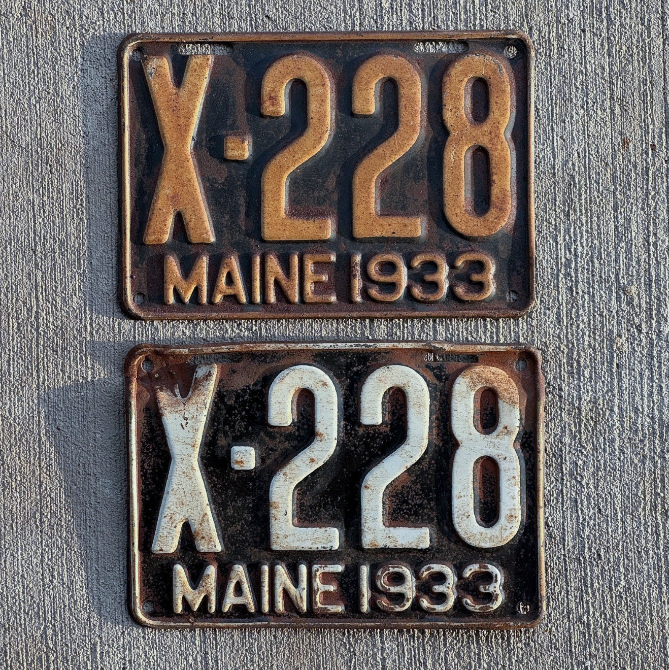 Photo of a 1933 Maine Truck License Plate Pair Auto Tag Garage Decor Vintage Low Number Three Digit X 228 with original patina