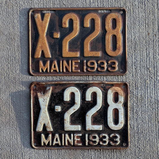 Photo of a 1933 Maine Truck License Plate Pair Auto Tag Garage Decor Vintage Low Number Three Digit X 228 with original patina