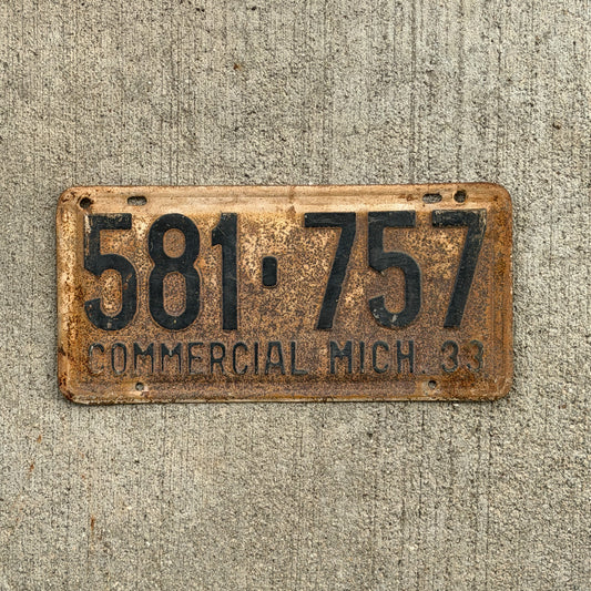 Photo of a 1933 Michigan Commercial License Plate Auto Tag Garage Decor Vintage 581 757 with original patina