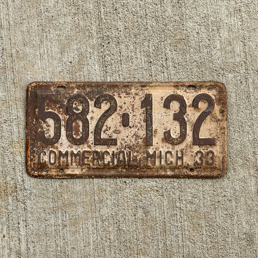 Photo of a 1933 Michigan Commercial License Plate Auto Tag Garage Decor Vintage 582 132 with original patina
