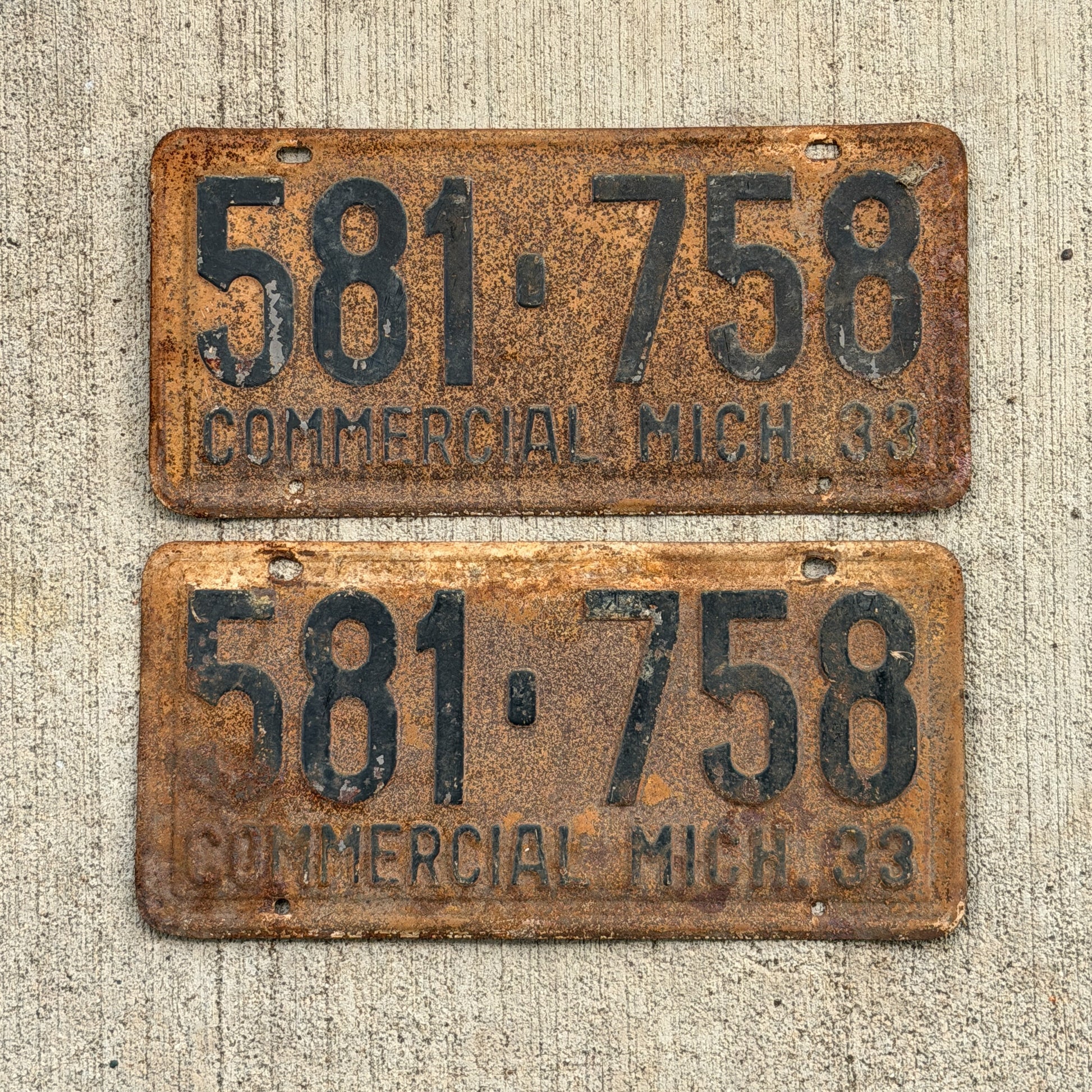 Photo of a 1933 Michigan Commercial License Plate Pair Auto Tag Garage Decor Vintage 581 758 with original patina