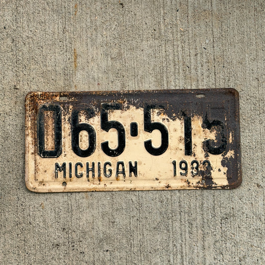 Photo of a 1933 Michigan License Plate Auto Tag Garage Decor Vintage 0 65 515 with original patina
