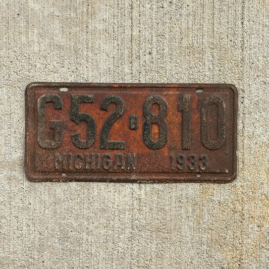 Photo of a 1933 Michigan License Plate Auto Tag Garage Decor Vintage G 52 810 with original patina