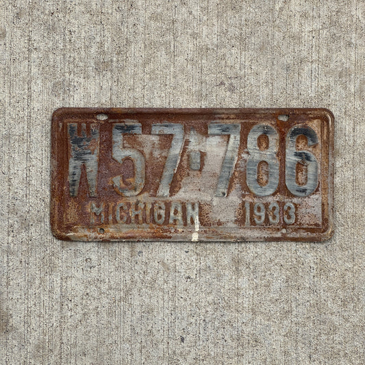 Photo of a 1933 Michigan License Plate Auto Tag Garage Decor Vintage W 57 786 with original patina