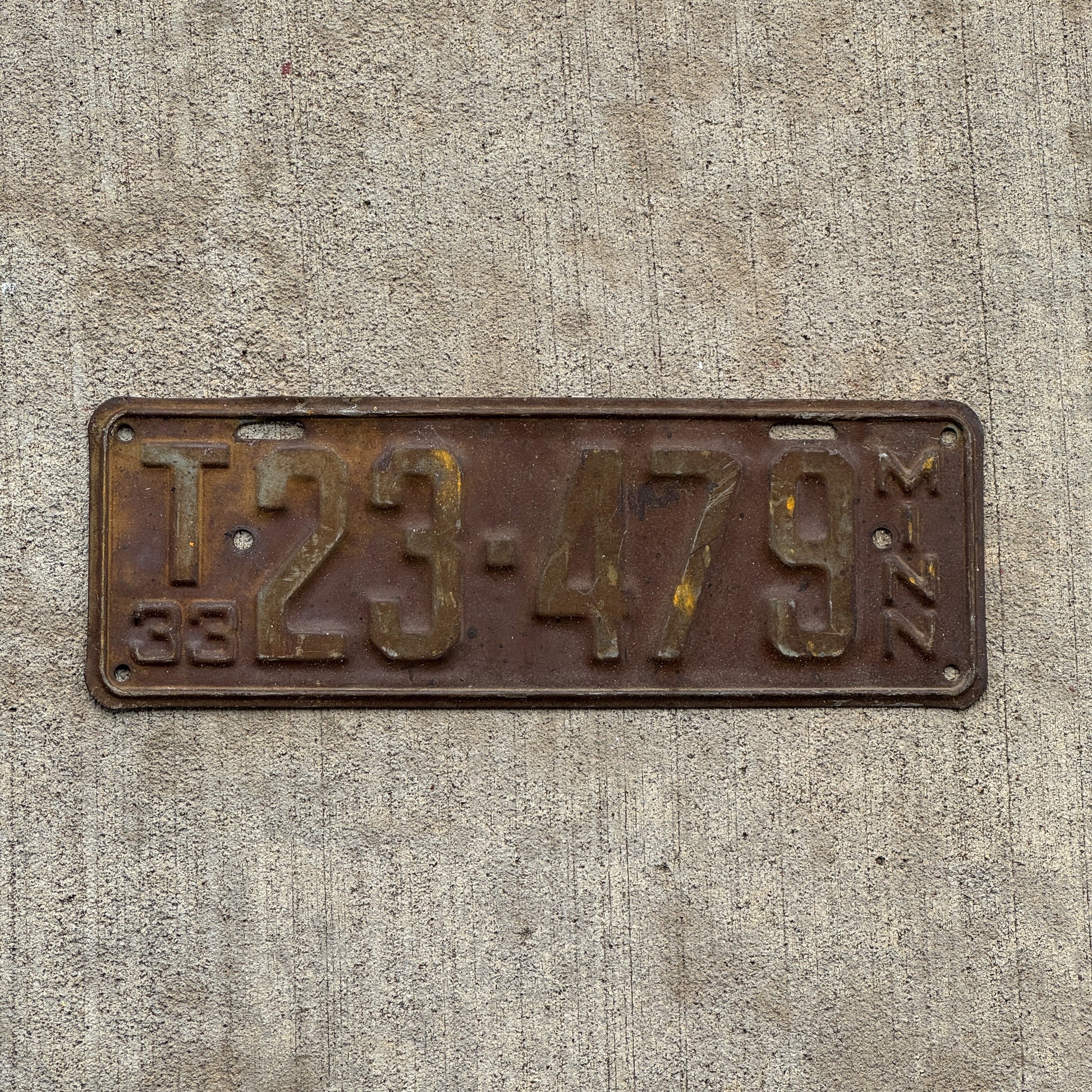 Photo of a 1933 Minnesota Farm Truck License Plate Auto Tag Garage Decor Vintage T 23 479 with original patina