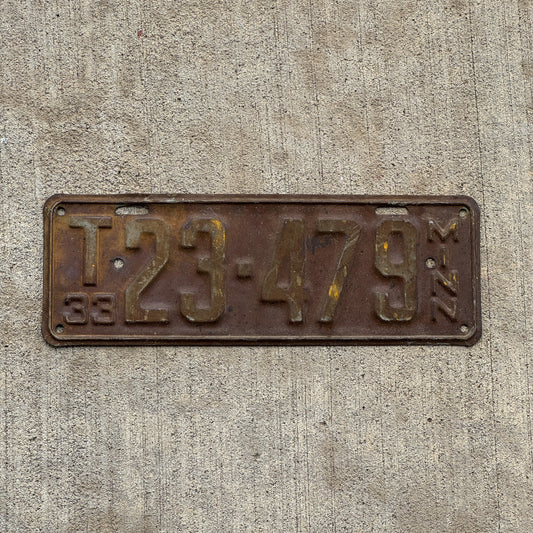 Photo of a 1933 Minnesota Farm Truck License Plate Auto Tag Garage Decor Vintage T 23 479 with original patina