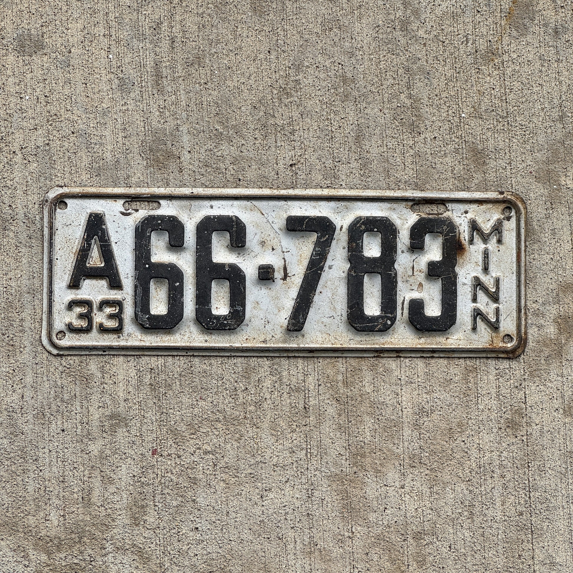 Photo of a 1933 Minnesota License Plate Auto Tag Garage Decor Vintage A 66 783 with original patina