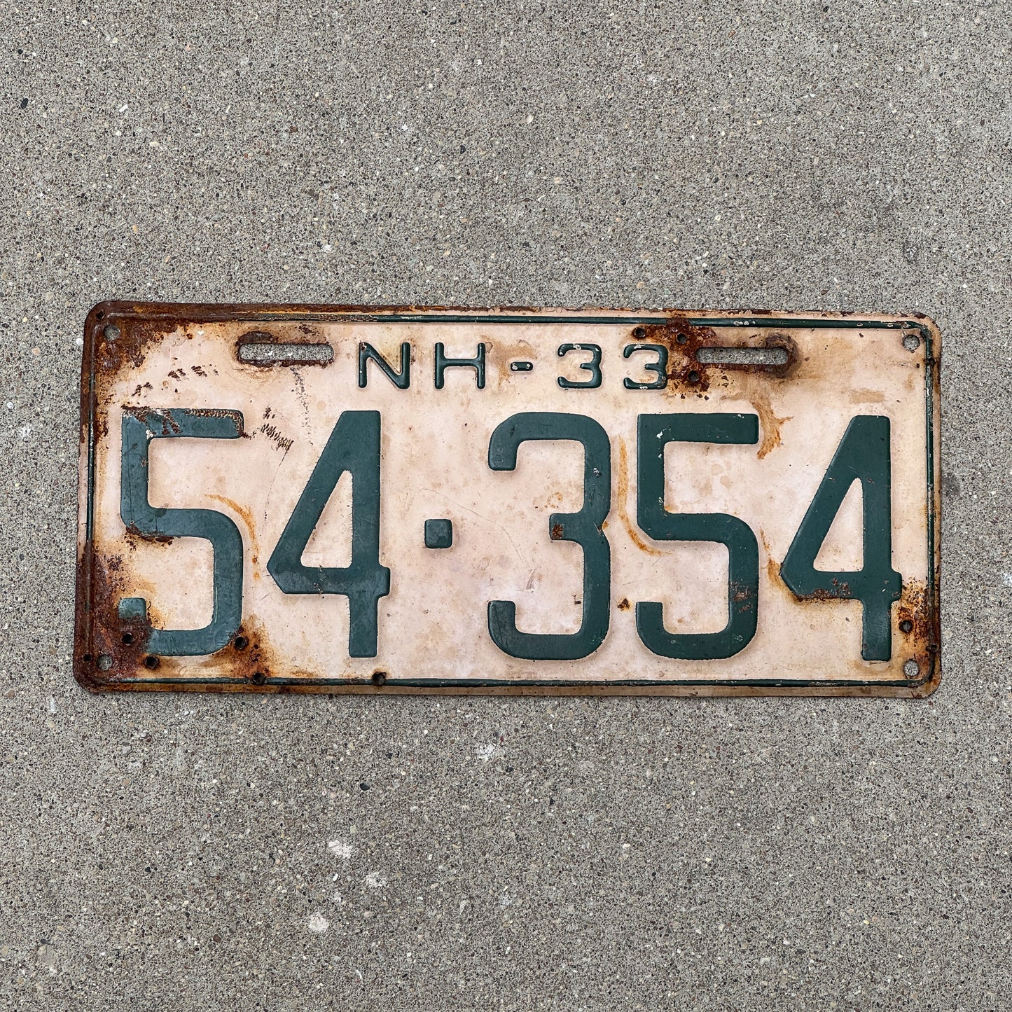 Photo of a 1933 New Hampshire License Plate Auto Tag Garage Decor Vintage 54 354 with original patina