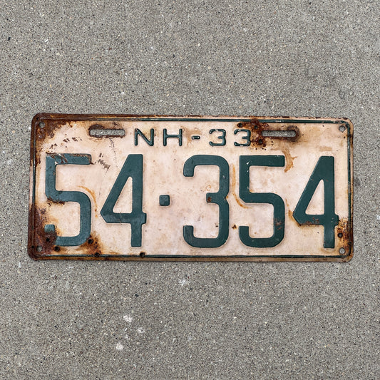 Photo of a 1933 New Hampshire License Plate Auto Tag Garage Decor Vintage 54 354 with original patina