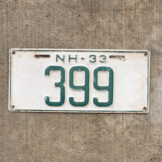 Photo of a 1933 New Hampshire License Plate Auto Tag Garage Decor Vintage Low Number Three Digit 399 with original patina