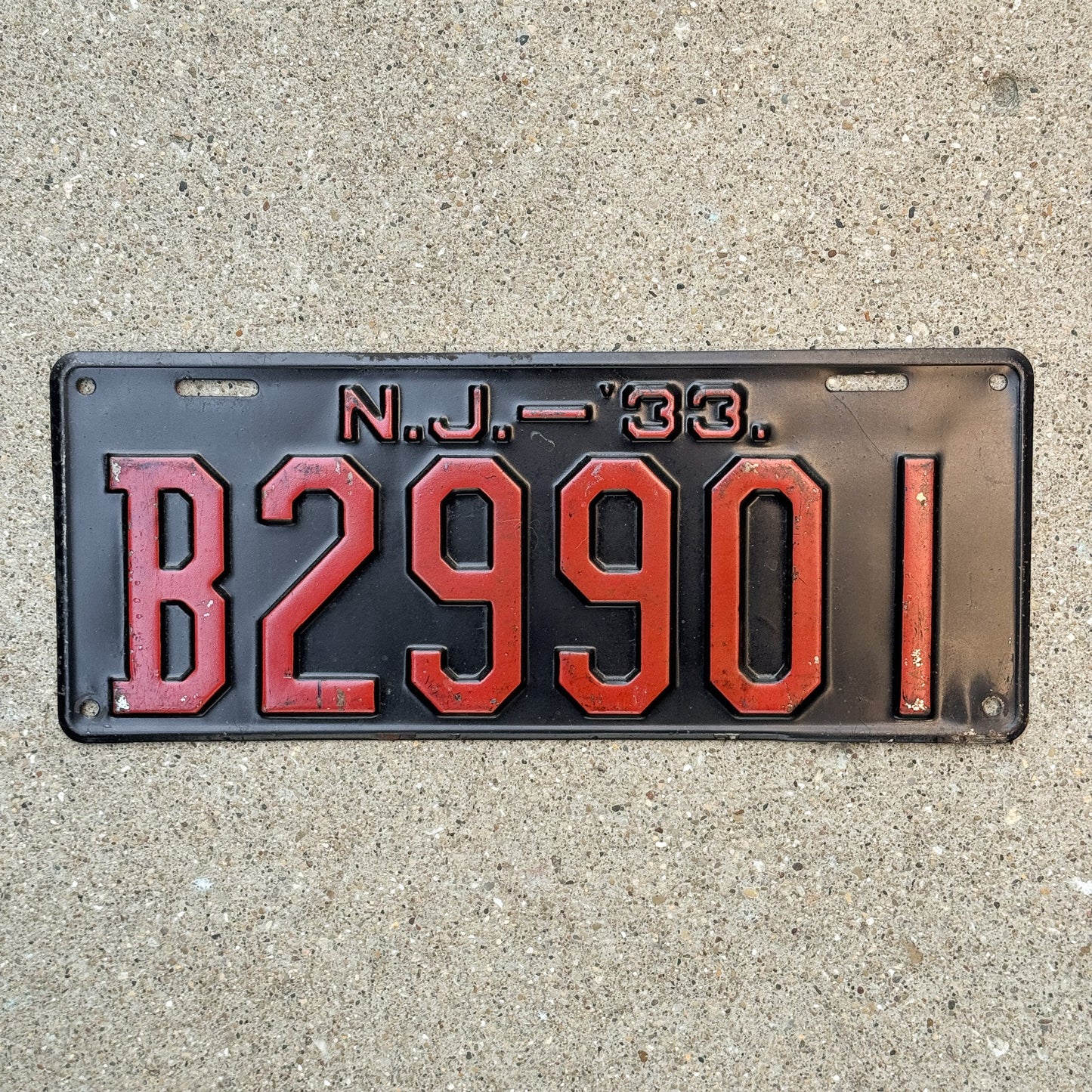 Photo of a 1933 New Jersey License Plate Auto Tag Garage Decor Vintage Bergen County B 29901 with original patina