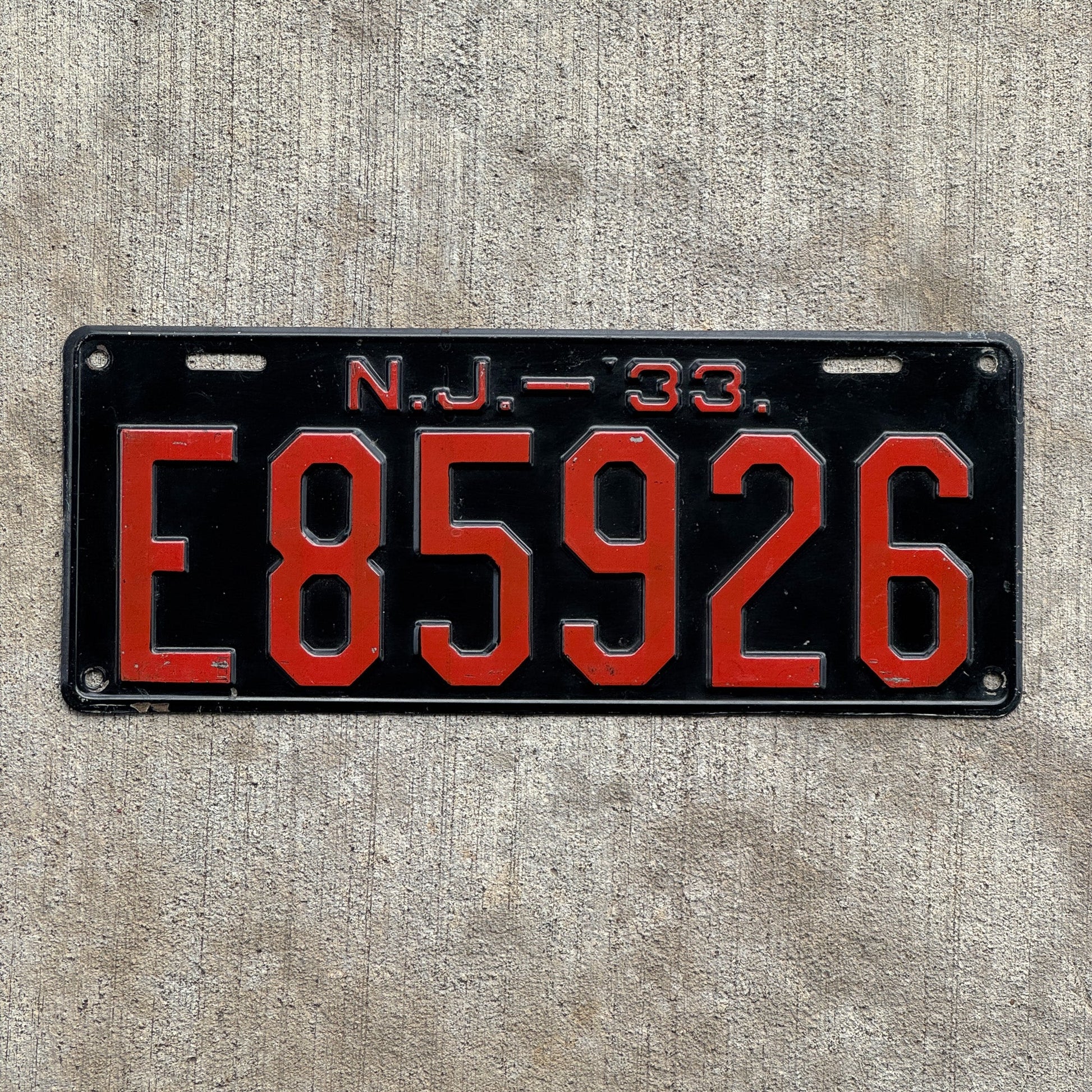 Photo of a 1933 New Jersey License Plate Auto Tag Garage Decor Vintage High Quality E 85926 with original patina