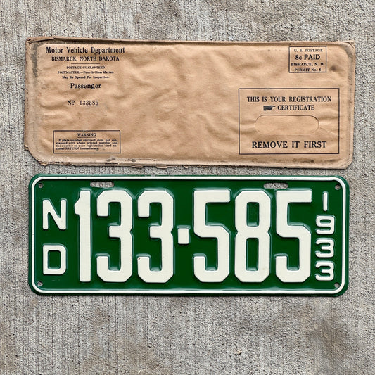 Photo of a 1933 North Dakota License Plate Auto Tag Garage Decor Vintage New Old Stock 133 585 with original patina