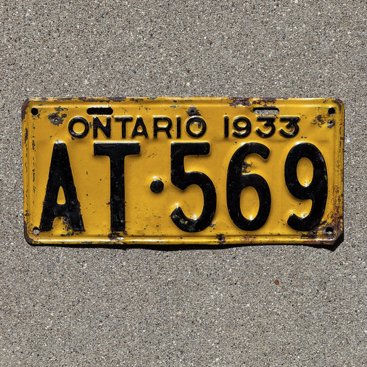 Photo of a 1933 Ontario License Plate Auto Tag Garage Decor Vintage AT 569 with original patina