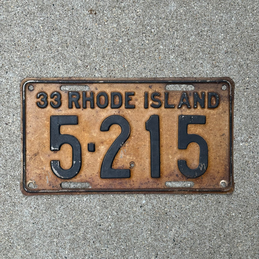 Photo of a 1933 Rhode Island License Plate Auto Tag Garage Decor Vintage Low Number Four Digit 5215 with original patina